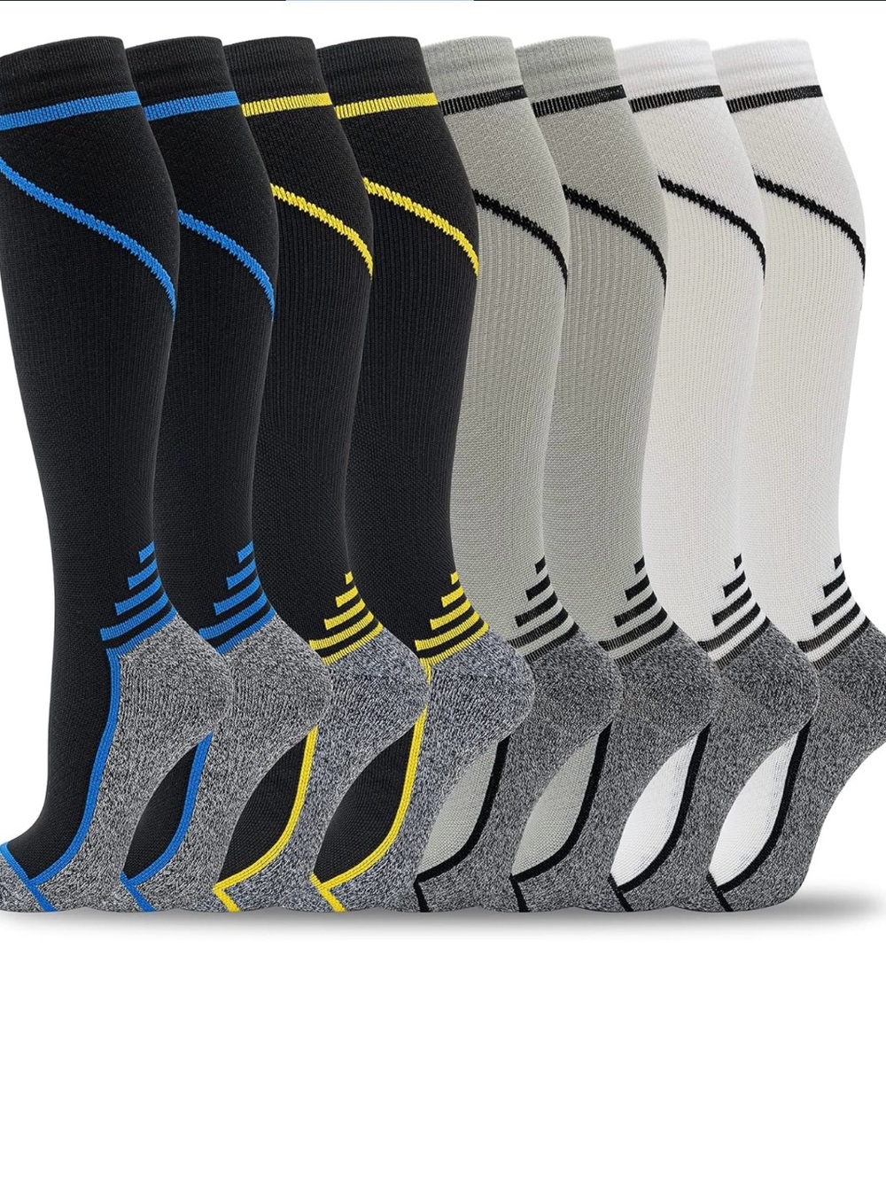 7 pair Performance Knee-High Compression Socks - Black, Gray, White L/XL (8-14)
